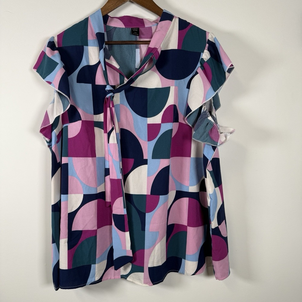 Emery Rose Women's‎ Shirt Geometric Blue Pink Purple Career Ruffle Size 4XL